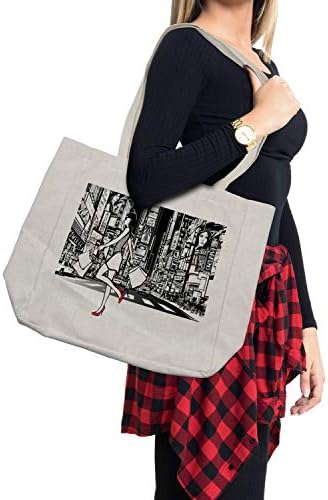 Ambesonne Fekete-Fehér Bevásárló Táska, Bevásárló Lány a Times Square-New York-i Éjszakai Városkép Városi